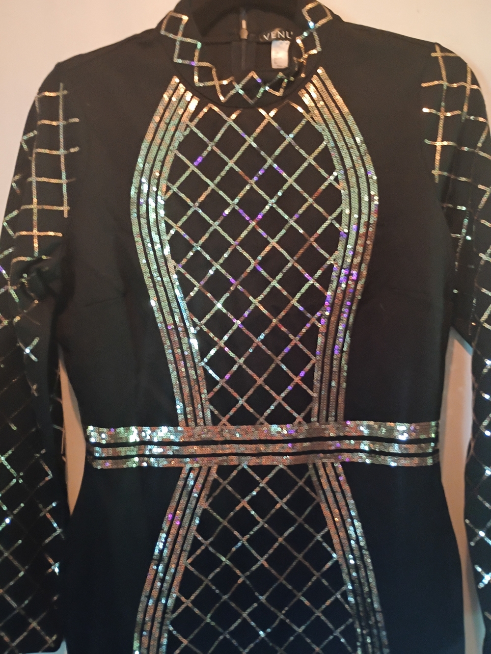 VENUS Black Mini Dress with Gold Sequin Grid Accents - Picture 4 of 8